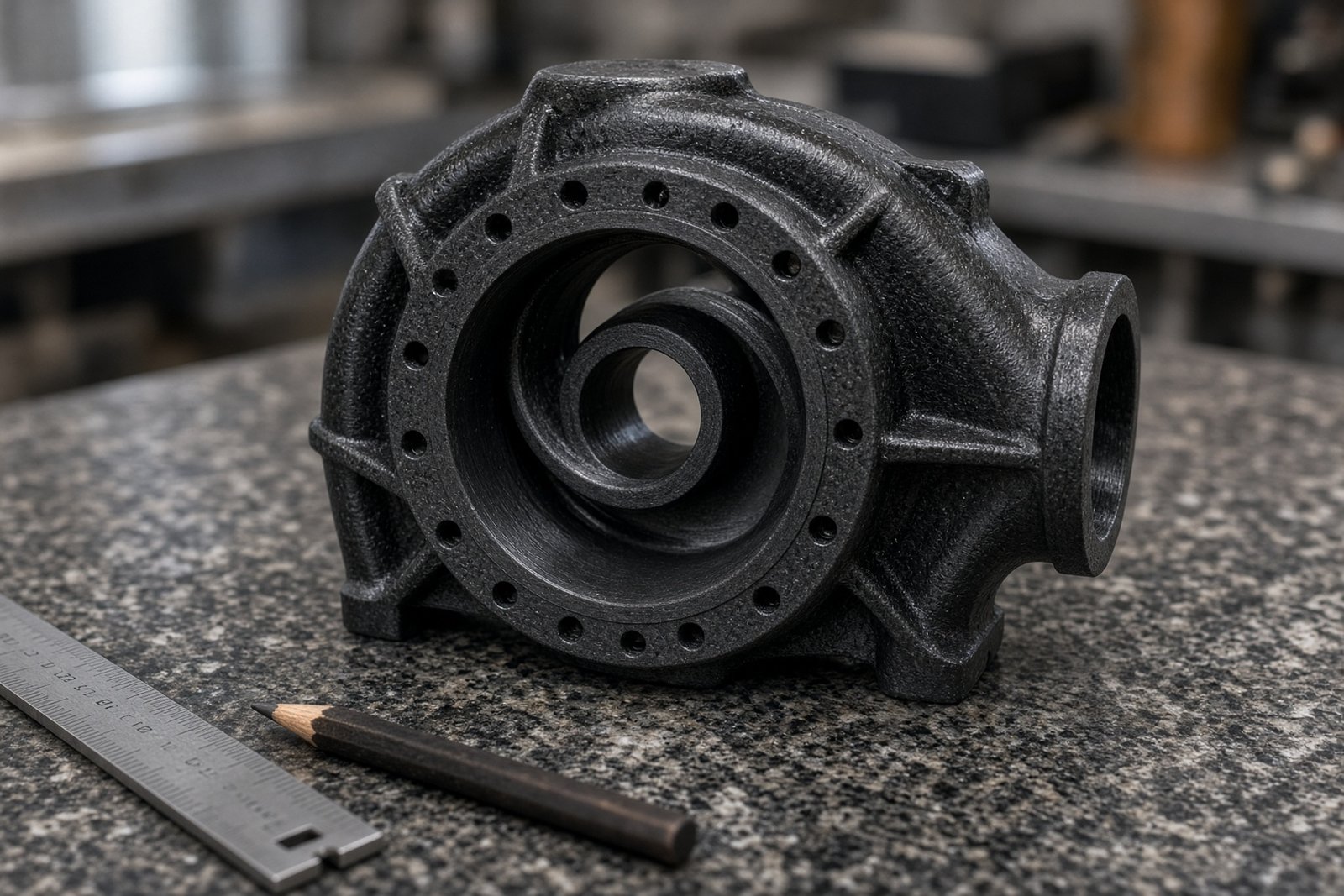Carbon-fiber-filled polymer pump housing on a granite inspection table